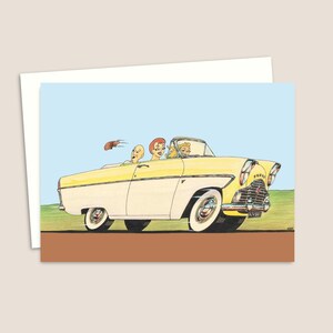 Grappige wenskaart - nostalgische illustratie van een auto uit het midden van de eeuw, geschikt voor elke gelegenheid - blanco binnenkant voor je eigen bericht