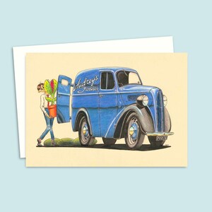 Cartão de felicitações Florist Van - Ilustração desenhada à mão - Cartão para qualquer ocasião - Interior em branco para sua própria mensagem