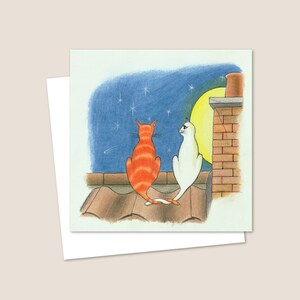 Cat Lover Greeting Card - Hand Drawn Pencil Illustration of Romantic Cats on a Rooftop -Suitable for Any Occasion - Blank Inside