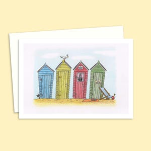 Beach Huts Greeting Card - Birthday Card with a Hand-Drawn Pencil Illustration of a Seaside Scene - Any Occasion Card For Friends or Family