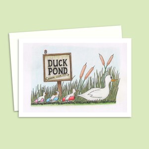 Cute Ducks Greeting Card - Hand Drawn Illustration of a Family of Ducks on the way to the Pond - Blank Inside for Your Own Message