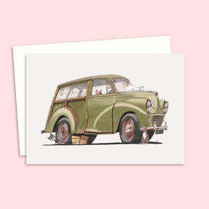 Cats and Car Greeting Card for Any Occasion featuring a Hand Drawn Illustration of a Mid Century Classic Car,  Blank Inside for your Message