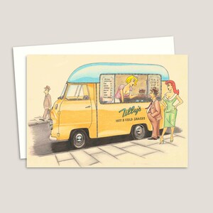 Zabawna kartka z kreskówek - kartka urodzinowa z ilustracją w stylu Mid Century - motyw lat pięćdziesiątych na każdą okazję - pusta w środku