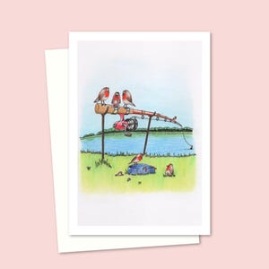 Cartão de felicitações com pássaros da margem do rio - Ilustração desenhada à mão de uma vara de pescar e tordos na margem do rio - Interior em branco para sua própria mensagem