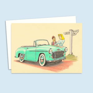 Funny Greeting Card - Birthday Card with a Hand Drawn Illustration - Mid Century Classic Car Cartoon - Blank Inside for Your Own Message