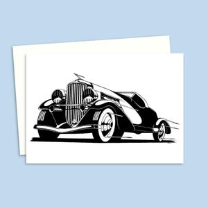 Vintage Car Greeting Card with a Detailed Pen and Ink Illustration of 1930s Classic, Ideal for Classic Car Lover's, Blank Inside