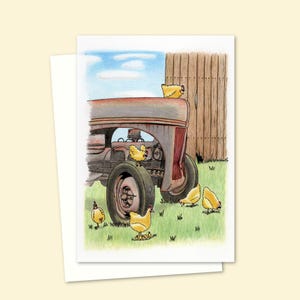 Cute Hens Greeting Card featuring a Hand Drawn Illustration of Happy Farmyard Hens, Blank Inside for Your Own Message
