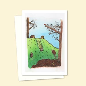 Tarjeta de felicitación de erizos con una ilustración a lápiz dibujada a mano de lindos erizos juguetones, interior en blanco para su propio mensaje.