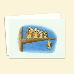 Owls Greeting Card with a Hand Drawn Illustration of Cute Owls on a Branch, Blank Inside for Your Own Message