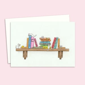 White Mice Greeting Card with a Hand Drawn Illustration of Cute Mice on a Bookshelf, Funny Card Left Blank Inside for Your Own Message