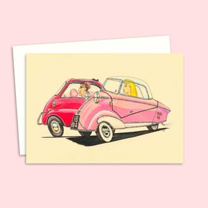 Greeting Card with a Hand Drawn Pencil Illustration of Iconic Fifties Cars, a Fun Retro Art Card for Any Occasion - Blank Inside