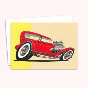 Carte de voeux de voiture avec illustration de hot rod classique dessinée à la main, oeuvre d'art détaillée au crayon pour un amateur de voitures, intérieur vierge pour votre propre message
