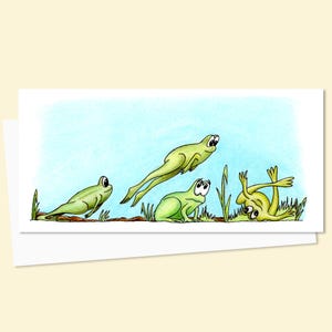 Carte de voeux drôle de grenouilles avec une illustration dessinée à la main d'un jeu amusant de Leap Frog, vierge à l'intérieur pour votre propre message