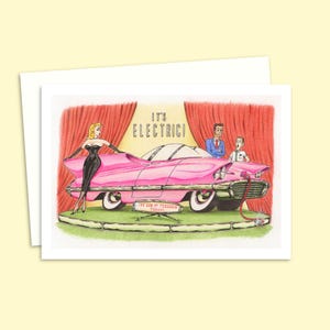 Cartão de carro elétrico retrô - Cartão de felicitações de desenho animado desenhado à mão para qualquer ocasião com uma ilustração em estilo de meados do século - Em branco por dentro