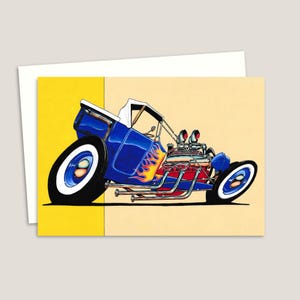 Benutzerdefinierte Hot Rod Grußkarte mit detaillierter handgezeichneter Grafik, eine ideale Geburtstagskarte für einen Oldtimer-Liebhaber, innen leer