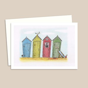 Beach Huts Grußkarte - Handgezeichnete Bleistift-Illustration einer Küsten-Szene - Jede Anlass-Karte für Freunde oder Familie - Innen leer