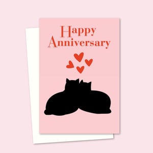 Happy Anniversary Card - Black Cats and Love Hearts - Cat Parent Wedding Anniversary Celebration - Blanco binnenkant voor je eigen bericht