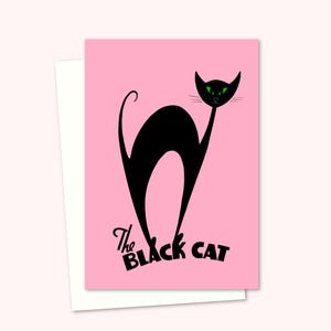 Black Cat-wenskaart - Atomic Cat uit het midden van de eeuw, verkrijgbaar in roze of geel - blanco binnenkant voor je eigen bericht