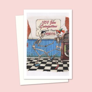 Biglietto d'auguri con scheletri danzanti e illustrazione disegnata a mano per ogni occasione, interno vuoto per il tuo messaggio.