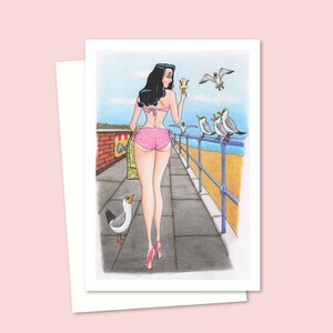 Seaside Postcard Greeting Card - Old Style Cartoon Art for Any Occasion - Blank Inside for your Own Message