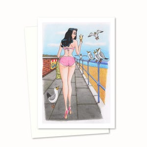 Seaside Postcard Greeting Card - Old Style Cartoon Art for Any Occasion - Blank Inside for your Own Message