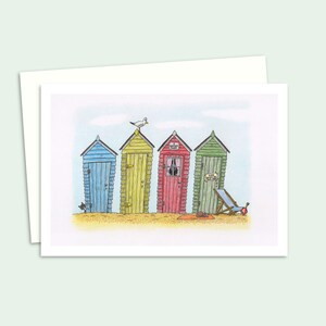 Wenskaart strandhutten - verjaardagskaart met een handgetekende potloodillustratie van een kustlandschap - kaart voor elke gelegenheid voor vrienden of familie