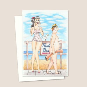 Nudist Beach Greeting Card - Seaside Postcard Style Pencil Illustration - Funny Any Occasion Card - Blank Inside
