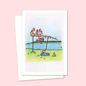 Cute Birds Greeting Card with a Hand Drawn Fishing Rod and Robins on the Riverbank Illustration, Blank Inside for your Own Message