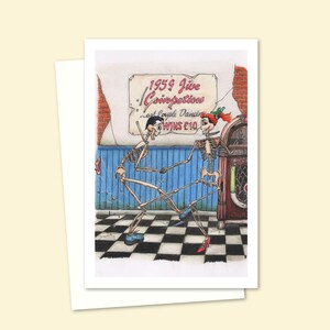 Dancing Skeletons Greeting Card with a Hand Drawn Cartoon Illustration for Any Occasion, Blank Inside for your Own Message