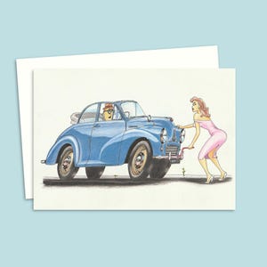 Biglietto d'auguri con illustrazione di un'auto d'epoca - Biglietto divertente adatto a qualsiasi occasione - Interno vuoto per il tuo messaggio - Biglietto di compleanno