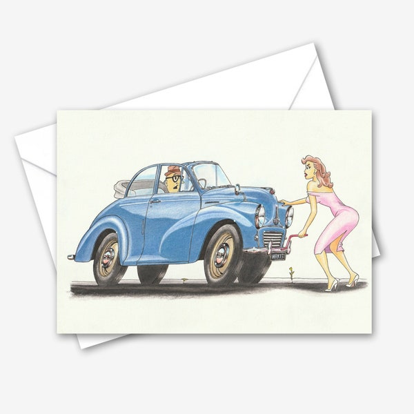 Funny Nostalgia Art Greetings Card: Classic Car Card Printed From A Hand Drawn Illustration