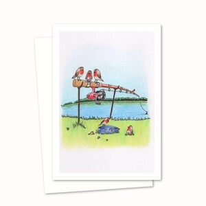 Riverbank Birds Greeting Card - Hand Drawn Illustration of a Fishing Rod and Robins on the Riverbank - Blank Inside for your Own Message