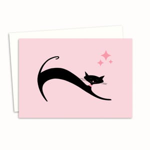 Carte de voeux chat rose - Art atomique de chat noir du milieu du siècle - carte pour toutes les occasions - vierge à l'intérieur