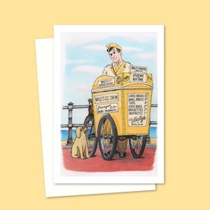 Nostalgic Seaside Greeting Card - Hand Drawn Illustration of an Ice Cream Seller by the Sea with an Adorable Dog - Blank Card