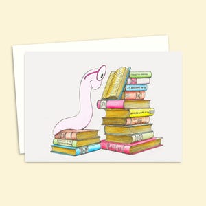 Bookworm Greeting Card with a Hand-Drawn Cute and Funny Illustration for Book Lovers, Blank Inside for your Own Message