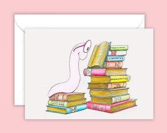 Book Lover Card - Humour Greetings Card - Bookworm - Cute Cartoon Blank Card - Children's Cards, Hand Drawn Illustration