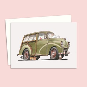 Cartão de felicitações de gatos e carros - Adequado para qualquer ocasião - Ilustração de carro clássico de meados do século - Cartão de aniversário em branco por dentro para sua mensagem
