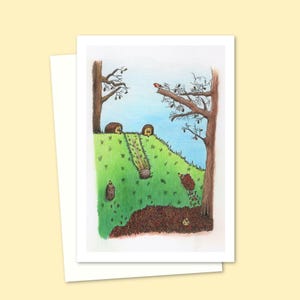 Tarjeta de felicitación de erizos con una ilustración a lápiz dibujada a mano de lindos erizos juguetones, interior en blanco para su propio mensaje.