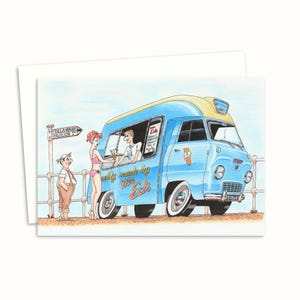 Cartão postal de praia - Ilustração em estilo retrô desenhada à mão para qualquer ocasião - Interior em branco para sua mensagem pessoal