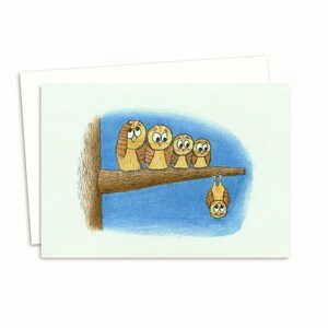 Owls Greeting Card - Hand Drawn Illustration of Cute Owls on a Branch - Blank Inside for Your Own Message