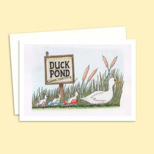 Cute Ducks Greeting Card with a Hand Drawn Illustration of a Family of Ducks on the way to the Pond, Blank Inside for Your Own Message