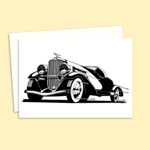 Vintage Car Greeting Card with a Detailed Pen and Ink Illustration of 1930s Classic, Ideal for Classic Car Lover's, Blank Inside