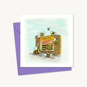 Cute Bees Greeting Card with a Funny Hand Drawn Illustration of Bees on a Shopping Spree, Blank Inside for Your Personal Touch