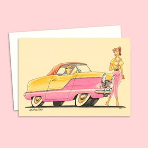 Past Times Greeting Card with a Fabulous Fifties Illustration, Featuring a Classic Car and Retro Fashion, Blank Inside for Your Own Message
