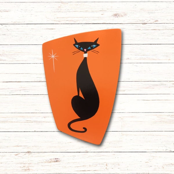 Mid Century Atomic Black Cat Wall Art: Hand Crafted Home Decor- Orange Cat Wall Decoration