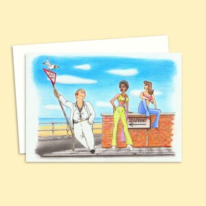 Carte de voeux drôle - Illustration de style carte postale dessinée à la main - Ambiance des années 70 au bord de la mer - Intérieur vierge pour votre propre message
