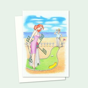 Crazy Golf-wenskaart met een handgetekende ansichtkaart aan zee, blanco binnenkant voor je eigen bericht
