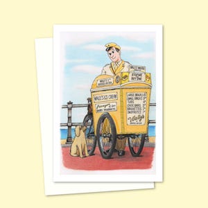 海辺のアイスクリーム売りと愛らしい犬の手描きイラストが入った海辺のグリーティングカード。どんな場面にも使える白紙のカードです。