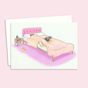 Cute Cat Greeting Card, Hand Drawn Original Art for Cat Lovers with a Cosy Bedtime Illustration