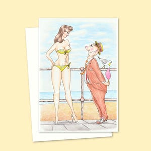 Tarjeta de felicitación con humor costero: ilustración divertida, perfecta para cumpleaños, aniversarios y San Valentín. Interior en blanco.